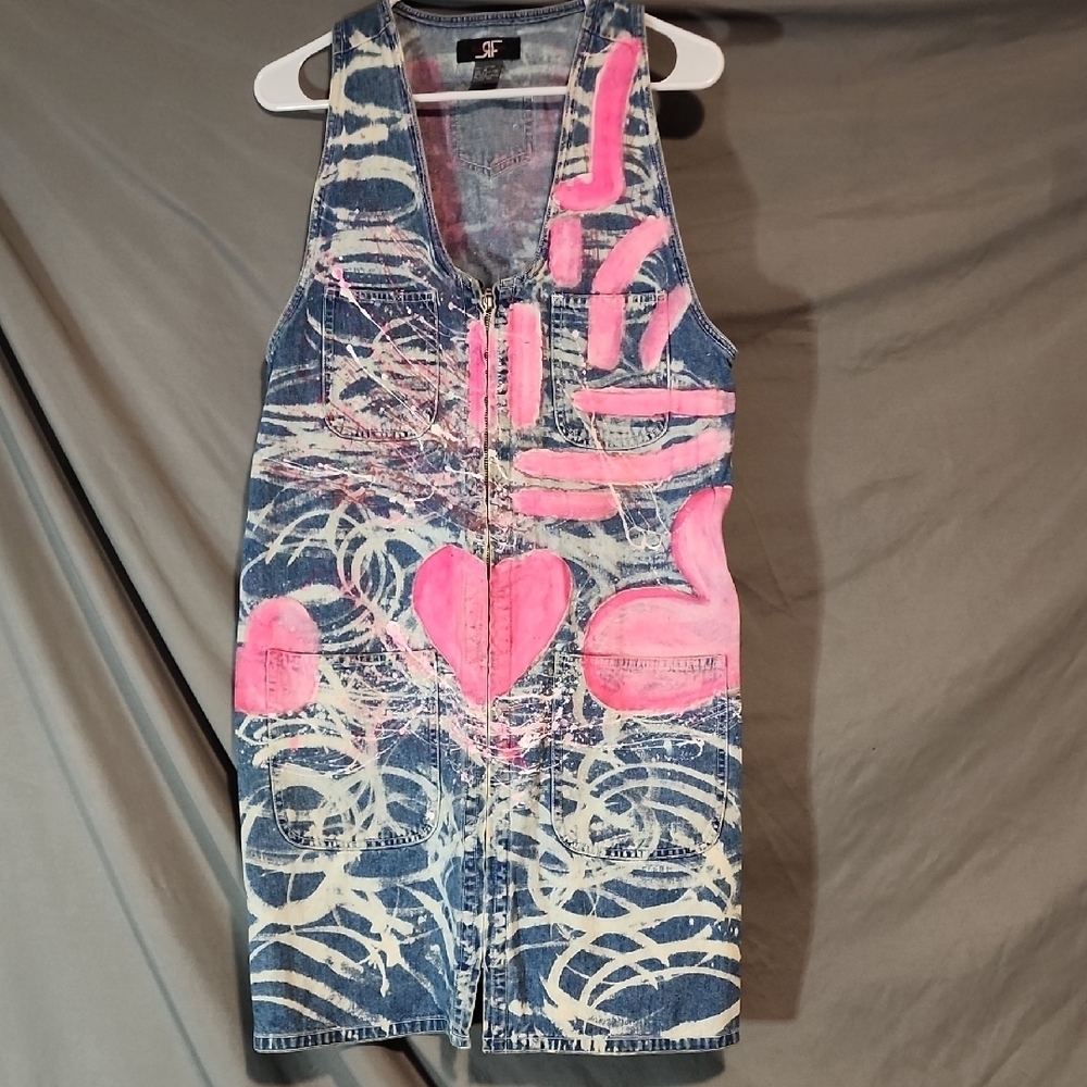 Denim Zip-Front Dress with Pink Heart Art